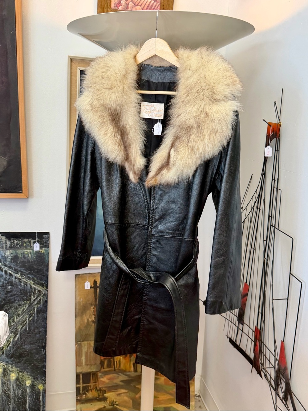 Peter Caruso Vintage Women's Black Leather Coat with Beige Fur Collar